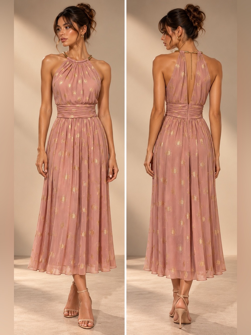 Jessica Howard Pink Gold Foil Halter Neck Chain Keyhole Midi Cocktail Dress 6